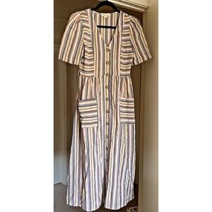 Fashion on Earth Striped Maxi Dress Size M Cream Pink Button Down Pockets Cotton